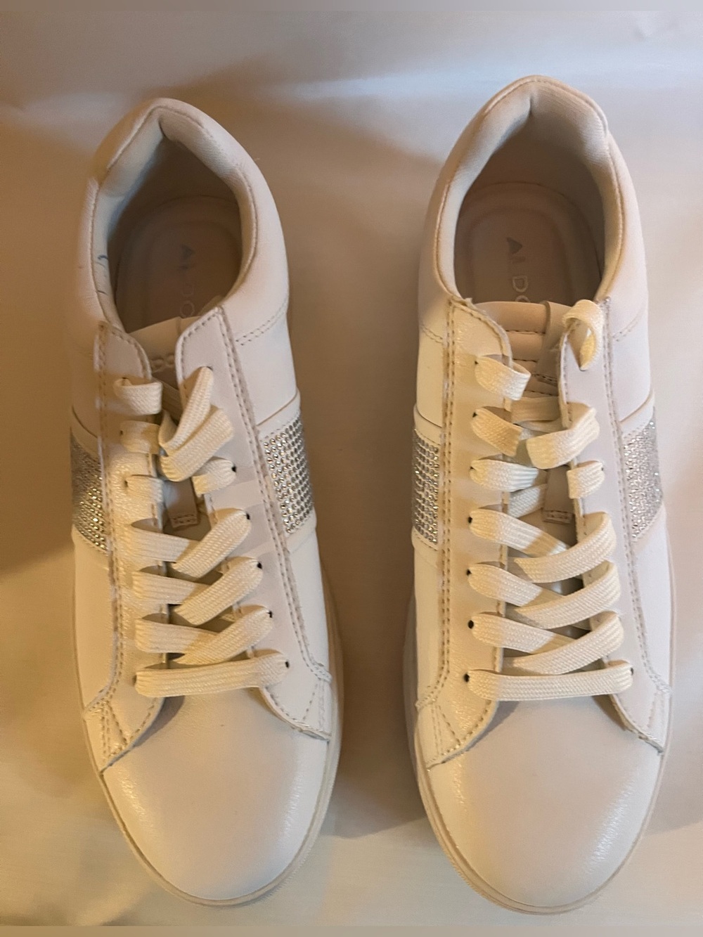Aldo Cream Lace-Up Sneakers with Silver Glitter Side Panel